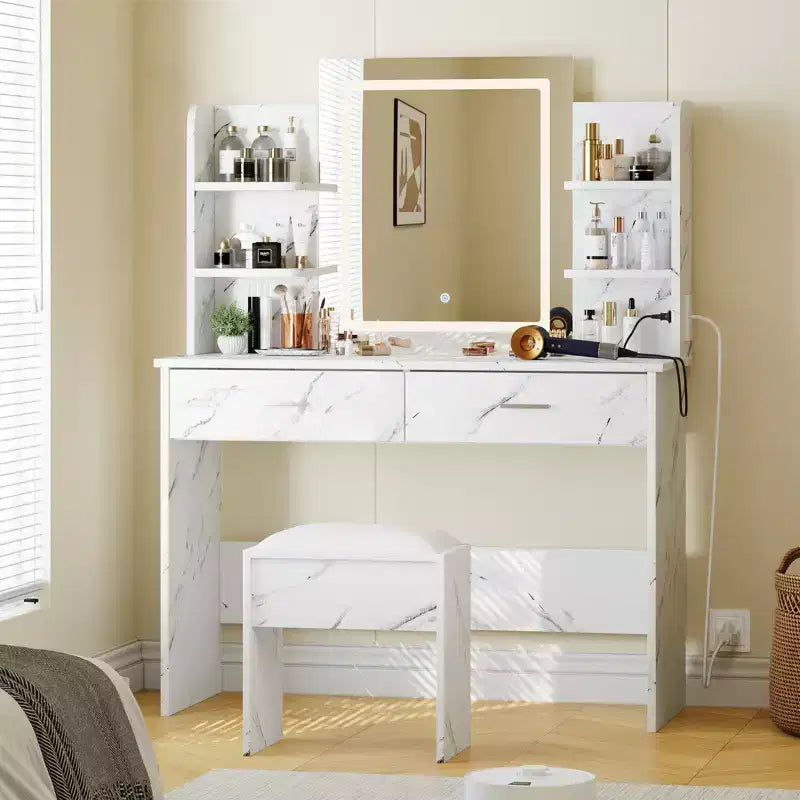CuisinSmart Makeup Vanity Set, 3 Color Modes Makeup Table with Cushioned Stool, 2 Drawers, Open Shelves, Modern Dressing Table for Bedroom