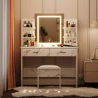 CuisinSmart Makeup Vanity Set, 3 Color Modes Makeup Table with Cushioned Stool, 2 Drawers, Open Shelves, Modern Dressing Table for Bedroom