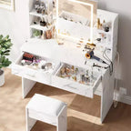 CuisinSmart Makeup Vanity Set, 3 Color Modes Makeup Table with Cushioned Stool, 2 Drawers, Open Shelves, Modern Dressing Table for Bedroom