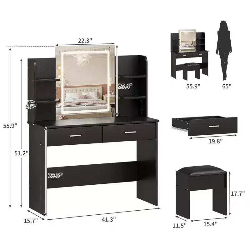 CuisinSmart Makeup Vanity Set, 3 Color Modes Makeup Table with Cushioned Stool, 2 Drawers, Open Shelves, Modern Dressing Table for Bedroom