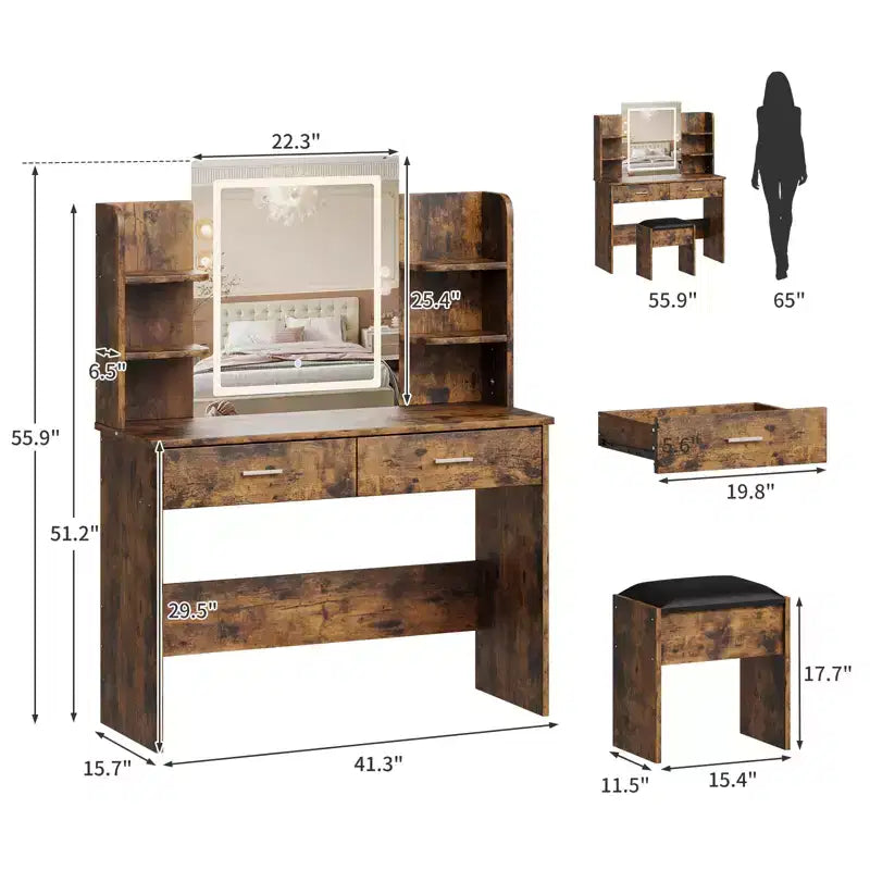 CuisinSmart Makeup Vanity Set, 3 Color Modes Makeup Table with Cushioned Stool, 2 Drawers, Open Shelves, Modern Dressing Table for Bedroom