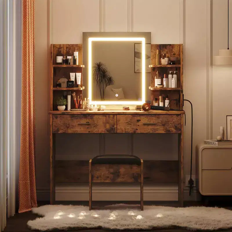 CuisinSmart Makeup Vanity Set, 3 Color Modes Makeup Table with Cushioned Stool, 2 Drawers, Open Shelves, Modern Dressing Table for Bedroom