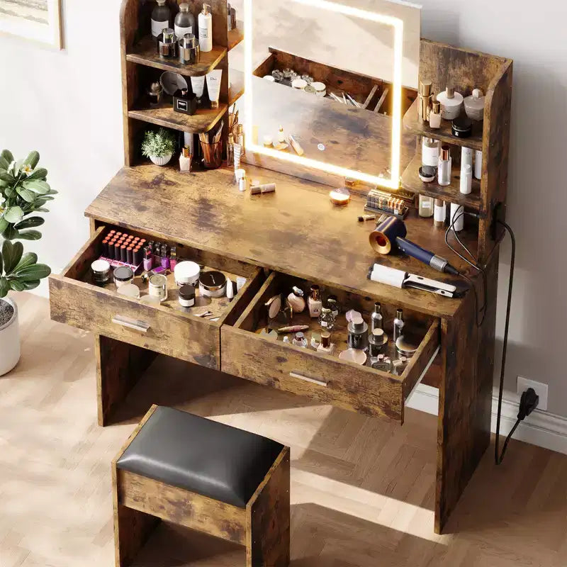 CuisinSmart Makeup Vanity Set, 3 Color Modes Makeup Table with Cushioned Stool, 2 Drawers, Open Shelves, Modern Dressing Table for Bedroom
