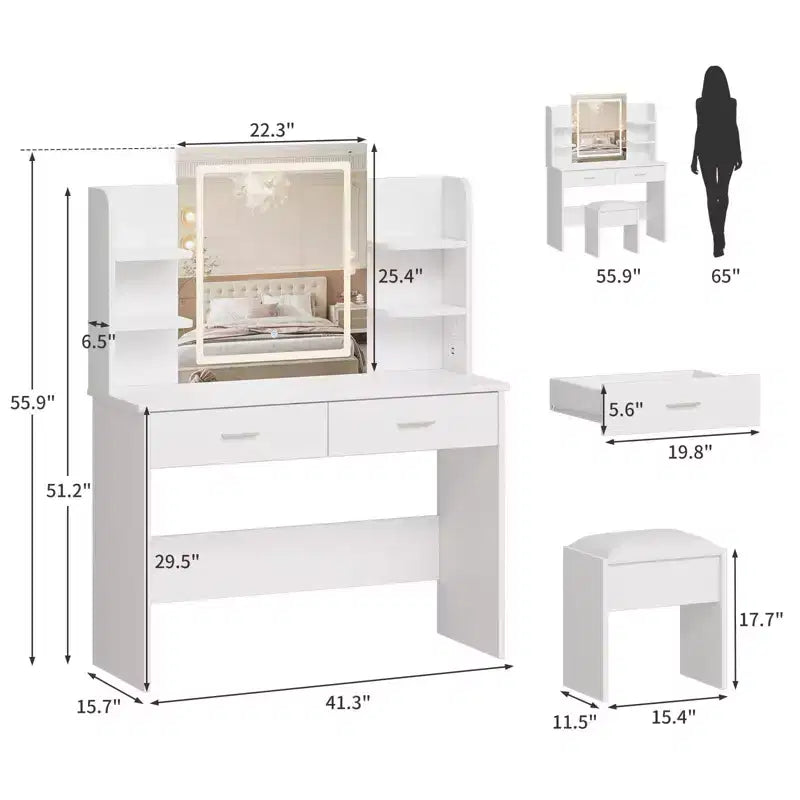 CuisinSmart Makeup Vanity Set, 3 Color Modes Makeup Table with Cushioned Stool, 2 Drawers, Open Shelves, Modern Dressing Table for Bedroom