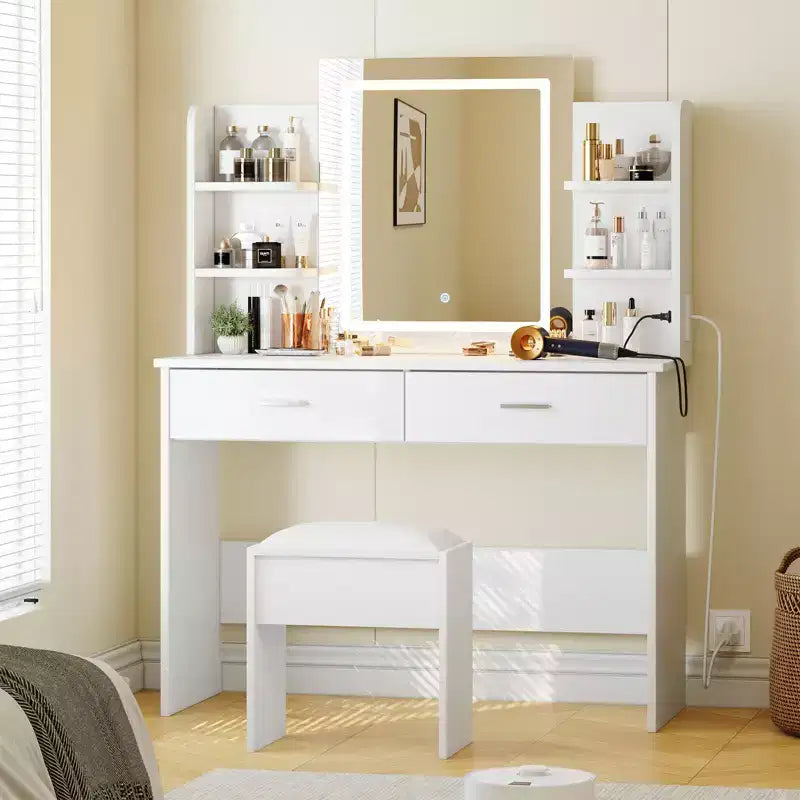 CuisinSmart Makeup Vanity Set, 3 Color Modes Makeup Table with Cushioned Stool, 2 Drawers, Open Shelves, Modern Dressing Table for Bedroom