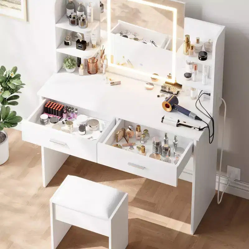 CuisinSmart Makeup Vanity Set, 3 Color Modes Makeup Table with Cushioned Stool, 2 Drawers, Open Shelves, Modern Dressing Table for Bedroom