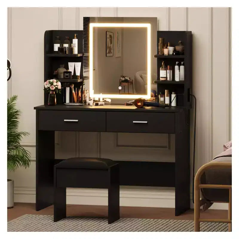 CuisinSmart Makeup Vanity Set, 3 Color Modes Makeup Table with Cushioned Stool, 2 Drawers, Open Shelves, Modern Dressing Table for Bedroom