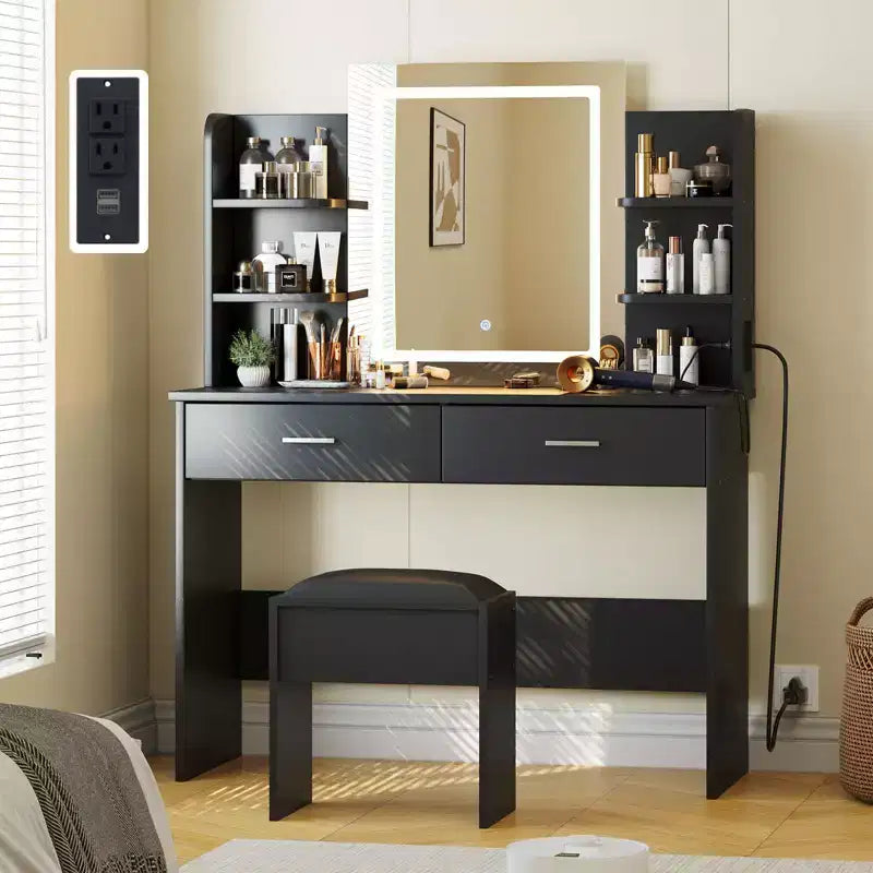 CuisinSmart Makeup Vanity Set, 3 Color Modes Makeup Table with Cushioned Stool, 2 Drawers, Open Shelves, Modern Dressing Table for Bedroom