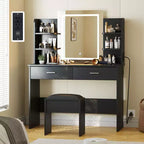 CuisinSmart Makeup Vanity Set, 3 Color Modes Makeup Table with Cushioned Stool, 2 Drawers, Open Shelves, Modern Dressing Table for Bedroom