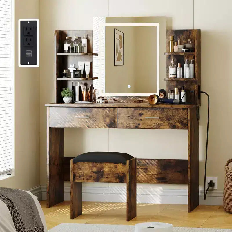 Juego de tocador de maquillaje CuisinSmart, mesa de maquillaje con 3 modos de color, taburete acolchado, 2 cajones y estantes abiertos, mesa de tocador moderna para dormitorio