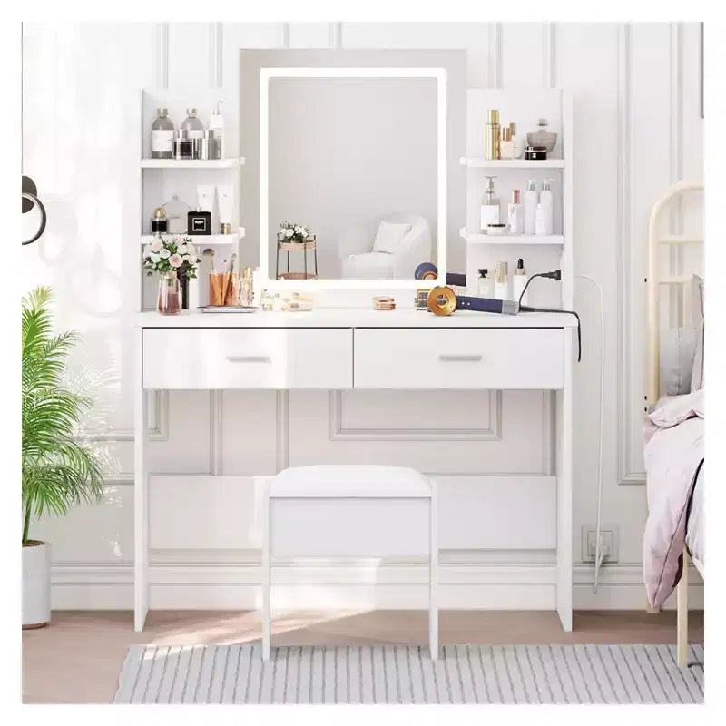 Juego de tocador de maquillaje CuisinSmart, mesa de maquillaje con 3 modos de color, taburete acolchado, 2 cajones y estantes abiertos, mesa de tocador moderna para dormitorio