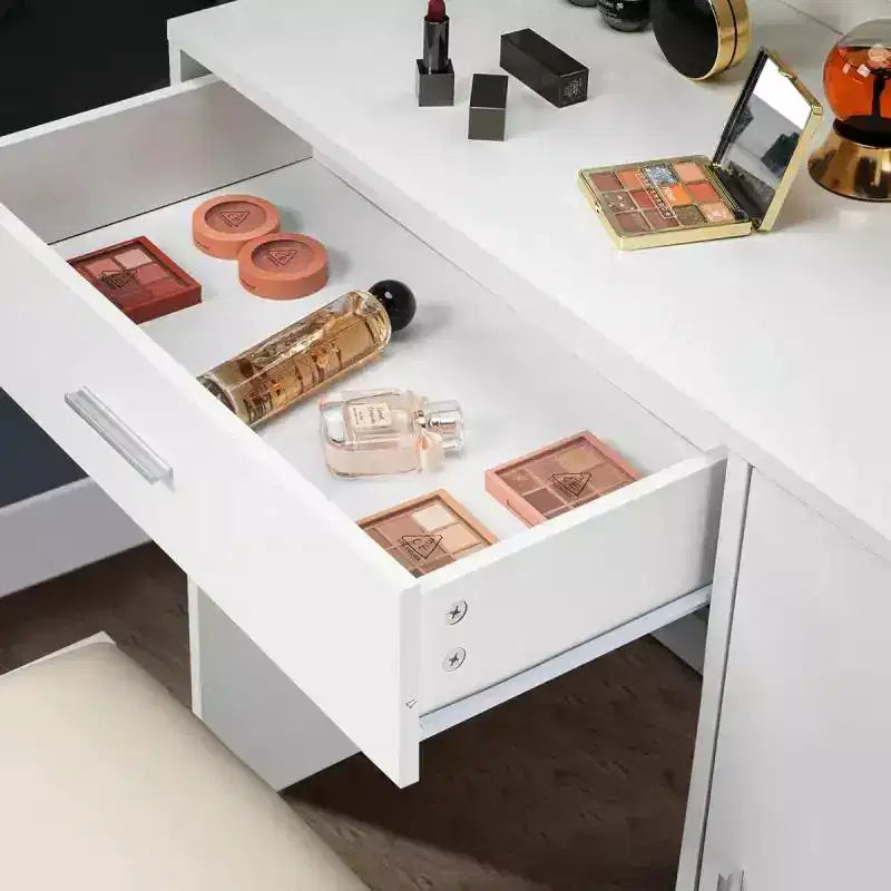 Juego de tocador de maquillaje blanco Karl Home con iluminación ajustable, taburete acolchado y amplio espacio de almacenamiento