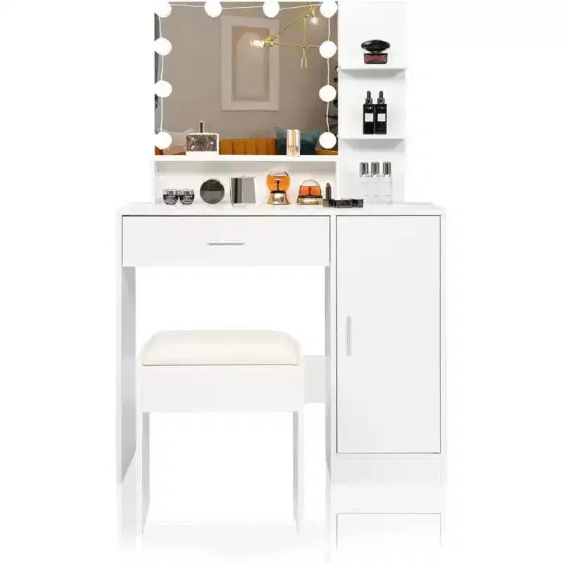 Juego de tocador de maquillaje blanco Karl Home con iluminación ajustable, taburete acolchado y amplio espacio de almacenamiento