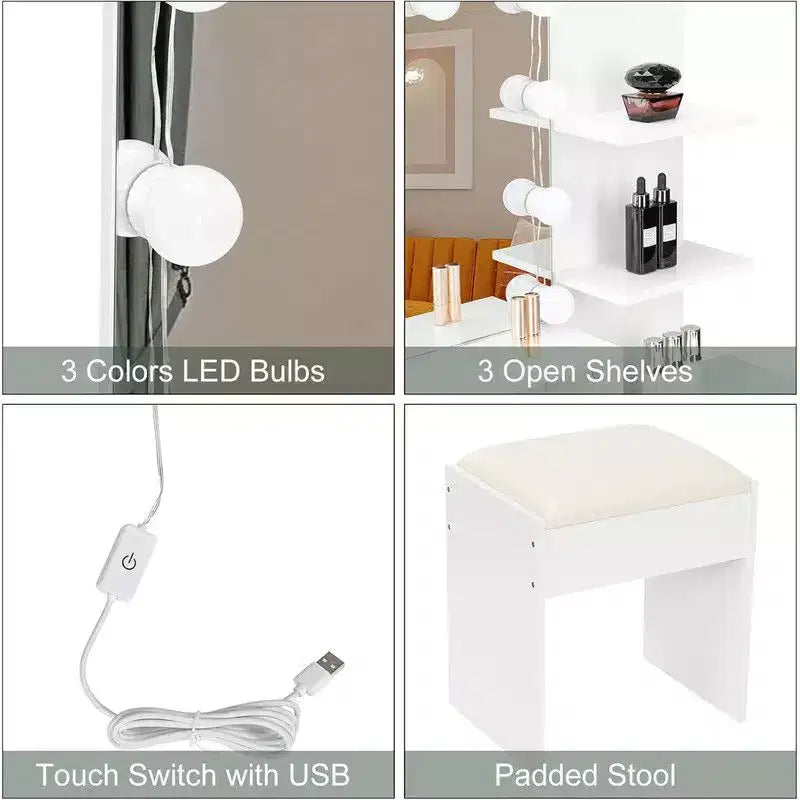Juego de tocador de maquillaje blanco Karl Home con iluminación ajustable, taburete acolchado y amplio espacio de almacenamiento
