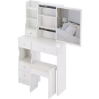 CuisinSmart Left Drawer Desktop Vanity Table Cushioned Stool, Extra Large Sliding Mirror, Multi Layer, High Capacity Storage Dresser for Small Space