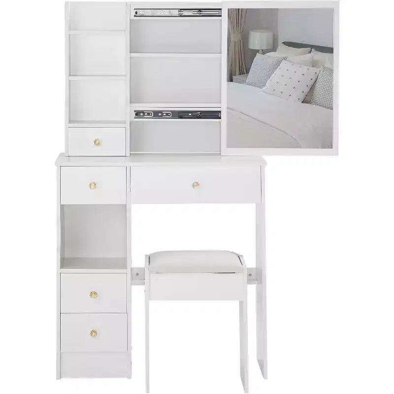 CuisinSmart Left Drawer Desktop Vanity Table Cushioned Stool, Extra Large Sliding Mirror, Multi Layer, High Capacity Storage Dresser for Small Space
