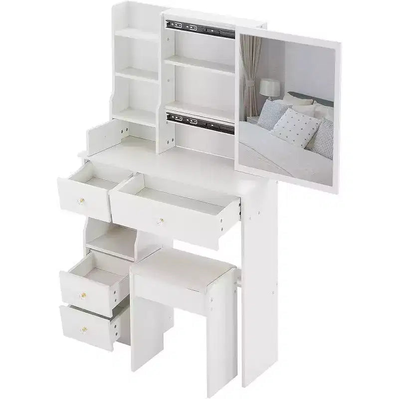 CuisinSmart Left Drawer Desktop Vanity Table Cushioned Stool, Extra Large Sliding Mirror, Multi Layer, High Capacity Storage Dresser for Small Space
