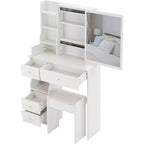 CuisinSmart Left Drawer Desktop Vanity Table Cushioned Stool, Extra Large Sliding Mirror, Multi Layer, High Capacity Storage Dresser for Small Space