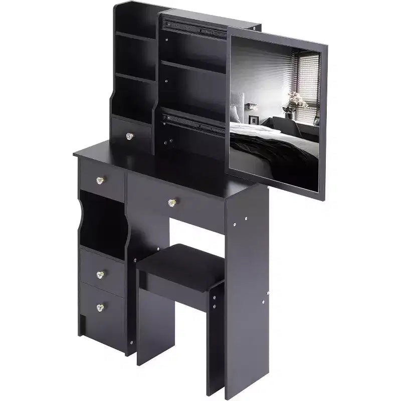 CuisinSmart Left Drawer Desktop Vanity Table Cushioned Stool, Extra Large Sliding Mirror, Multi Layer, High Capacity Storage Dresser for Small Space