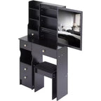 CuisinSmart Left Drawer Desktop Vanity Table Cushioned Stool, Extra Large Sliding Mirror, Multi Layer, High Capacity Storage Dresser for Small Space