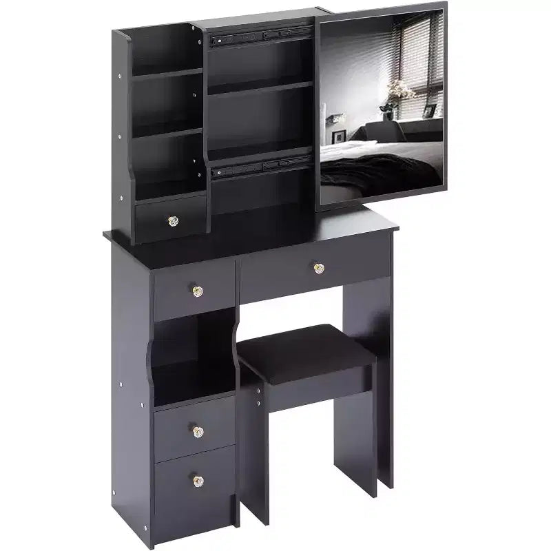 CuisinSmart Left Drawer Desktop Vanity Table Cushioned Stool, Extra Large Sliding Mirror, Multi Layer, High Capacity Storage Dresser for Small Space