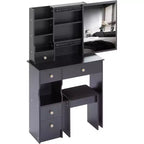CuisinSmart Left Drawer Desktop Vanity Table Cushioned Stool, Extra Large Sliding Mirror, Multi Layer, High Capacity Storage Dresser for Small Space