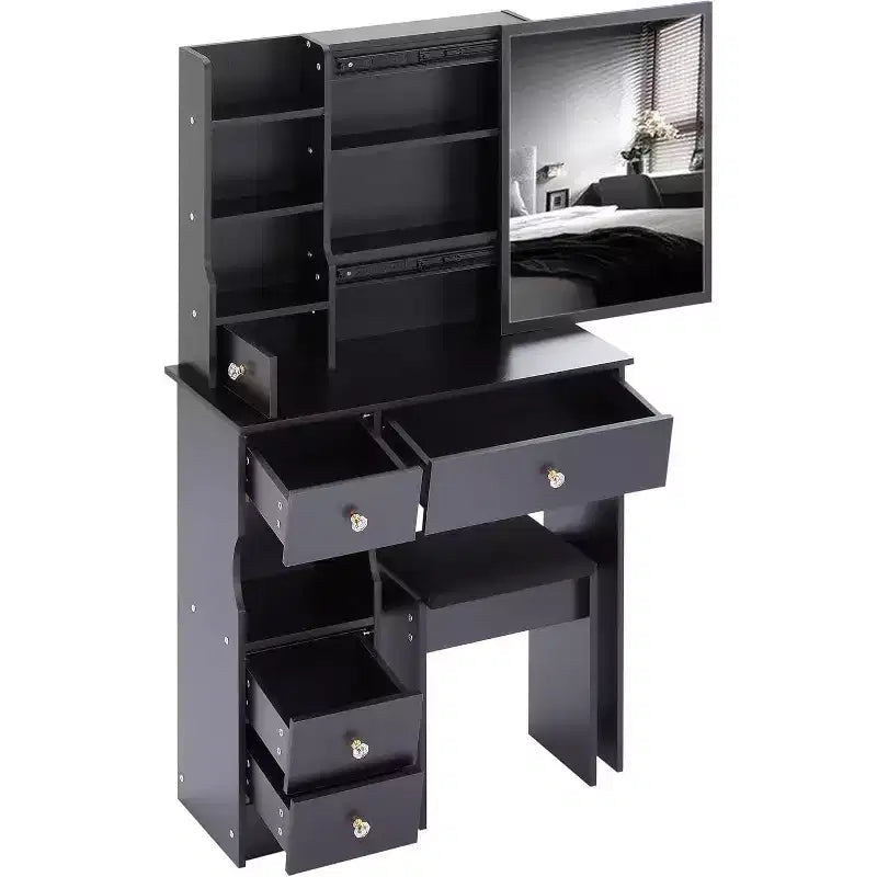 CuisinSmart Left Drawer Desktop Vanity Table Cushioned Stool, Extra Large Sliding Mirror, Multi Layer, High Capacity Storage Dresser for Small Space