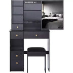 CuisinSmart Left Drawer Desktop Vanity Table Cushioned Stool, Extra Large Sliding Mirror, Multi Layer, High Capacity Storage Dresser for Small Space