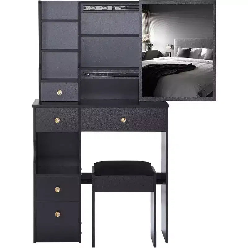 CuisinSmart Left Drawer Desktop Vanity Table Cushioned Stool, Extra Large Sliding Mirror, Multi Layer, High Capacity Storage Dresser for Small Space