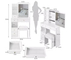 CuisinSmart Left Drawer Desktop Vanity Table Cushioned Stool, Extra Large Sliding Mirror, Multi Layer, High Capacity Storage Dresser for Small Space
