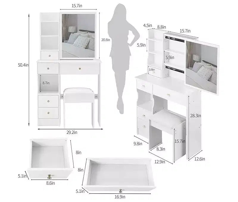 CuisinSmart Left Drawer Desktop Vanity Table Cushioned Stool, Extra Large Sliding Mirror, Multi Layer, High Capacity Storage Dresser for Small Space
