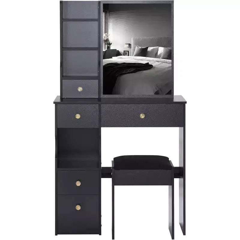 CuisinSmart Left Drawer Desktop Vanity Table Cushioned Stool, Extra Large Sliding Mirror, Multi Layer, High Capacity Storage Dresser for Small Space
