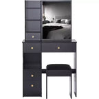 CuisinSmart Left Drawer Desktop Vanity Table Cushioned Stool, Extra Large Sliding Mirror, Multi Layer, High Capacity Storage Dresser for Small Space