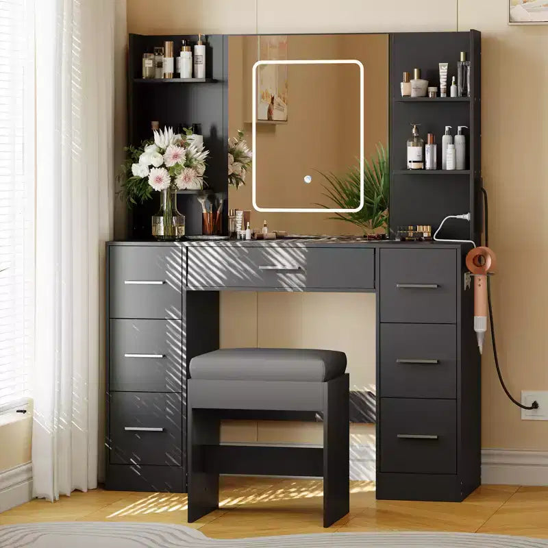 Makeup Vanity with Mirror and Chair, Hair Dryer Rack, 7 Drawers, 3 Lighting Modes Adjustable