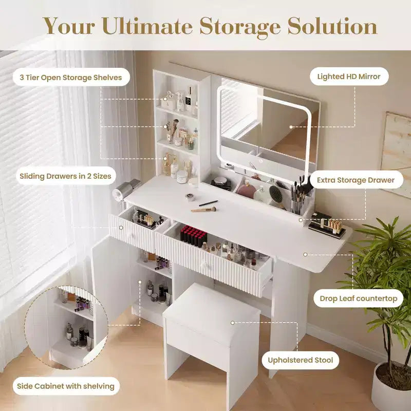 Schminktisch mit Spiegel und Beleuchtung, Schminktisch mit Steckdosen, Schubladen und Schrank