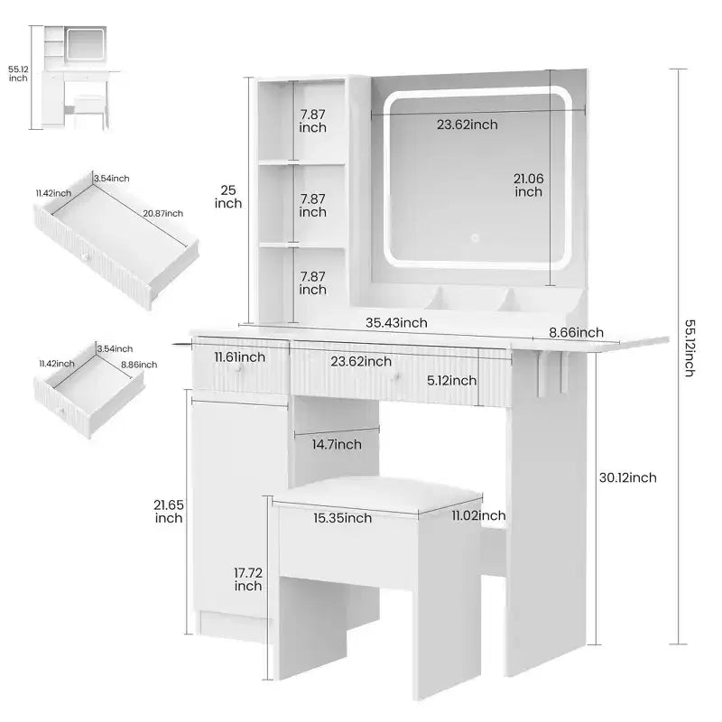 Schminktisch mit Spiegel und Beleuchtung, Schminktisch mit Steckdosen, Schubladen und Schrank