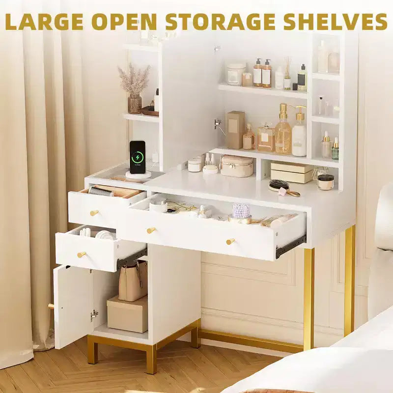 Witte kaptafel van GustoWave met spiegel en verlichting, make-uptafel met ledspiegel en stopcontact, verlichting in 3 kleuren voor de slaapkamer