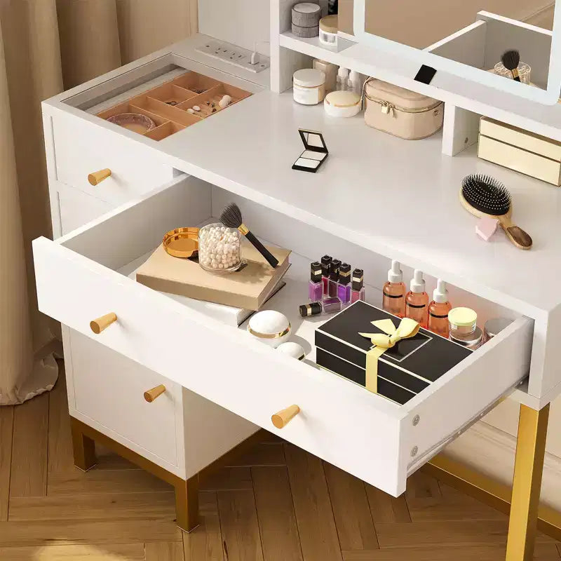 Witte kaptafel van GustoWave met spiegel en verlichting, make-uptafel met ledspiegel en stopcontact, verlichting in 3 kleuren voor de slaapkamer