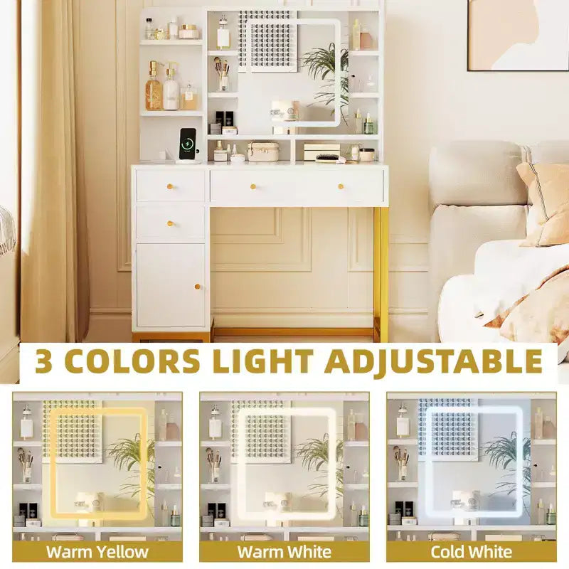 Witte kaptafel van GustoWave met spiegel en verlichting, make-uptafel met ledspiegel en stopcontact, verlichting in 3 kleuren voor de slaapkamer