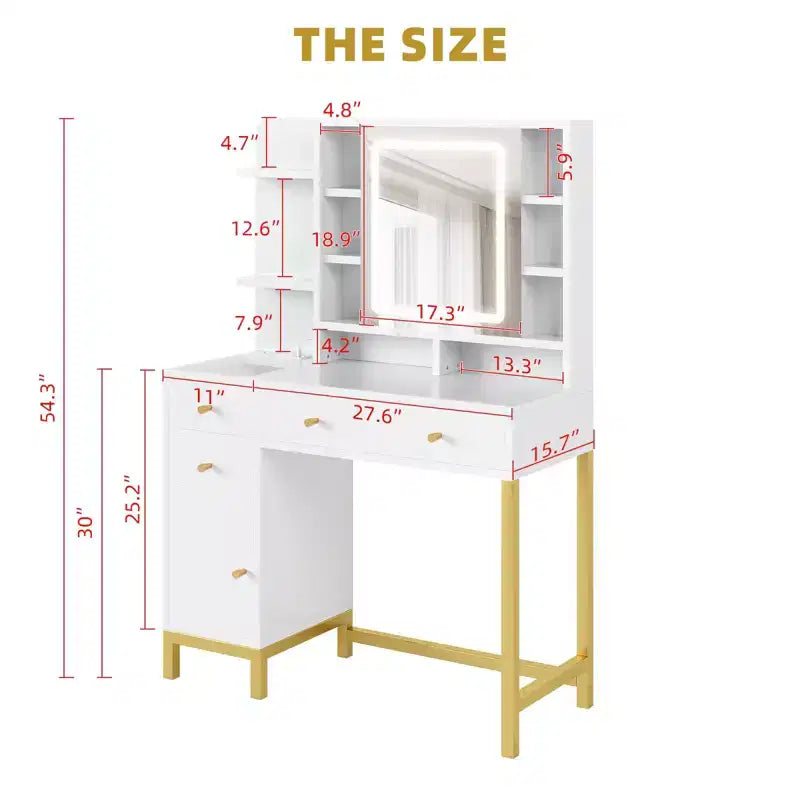 Witte kaptafel van GustoWave met spiegel en verlichting, make-uptafel met ledspiegel en stopcontact, verlichting in 3 kleuren voor de slaapkamer