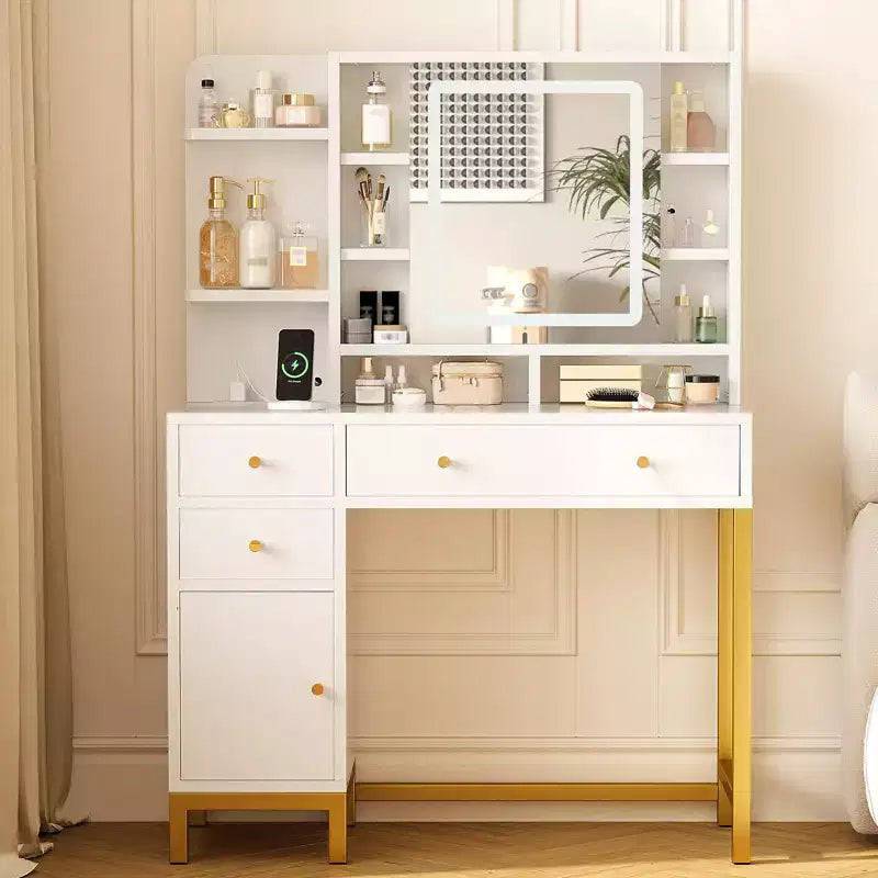 Witte kaptafel van GustoWave met spiegel en verlichting, make-uptafel met ledspiegel en stopcontact, verlichting in 3 kleuren voor de slaapkamer