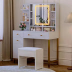 Witte kaptafel van GustoWave met spiegel en verlichting, make-uptafel met ledspiegel en stopcontact, verlichting in 3 kleuren voor de slaapkamer