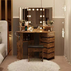 GustoWave Makeup Vanity Desk with Lights & Power Outlet, Corner Vanity Table with 5 Rotating Drawers,3 Color Lighting, Dressing Table