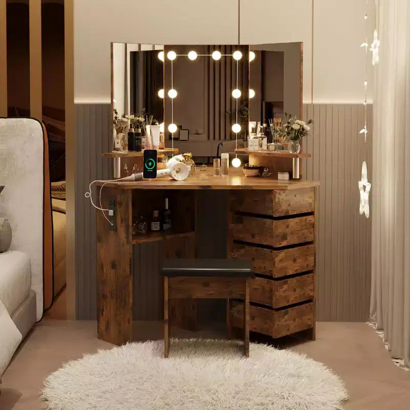GustoWave Makeup Vanity Desk with Lights & Power Outlet, Corner Vanity Table with 5 Rotating Drawers,3 Color Lighting, Dressing Table