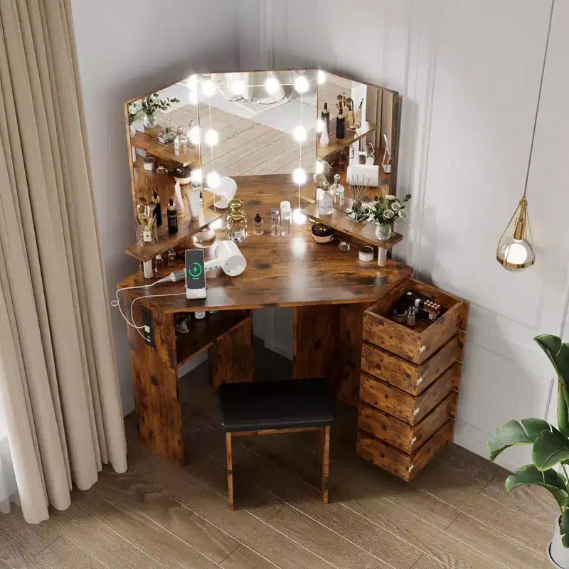 GustoWave Makeup Vanity Desk with Lights & Power Outlet, Corner Vanity Table with 5 Rotating Drawers,3 Color Lighting, Dressing Table