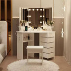 GustoWave Makeup Vanity Desk with Lights & Power Outlet, Corner Vanity Table with 5 Rotating Drawers,3 Color Lighting, Dressing Table