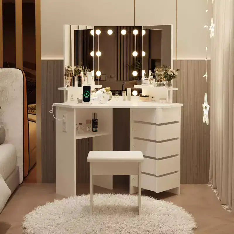 GustoWave Makeup Vanity Desk with Lights & Power Outlet, Corner Vanity Table with 5 Rotating Drawers,3 Color Lighting, Dressing Table
