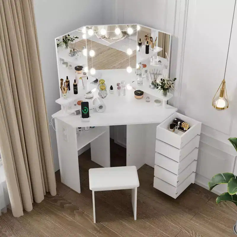 GustoWave Makeup Vanity Desk with Lights & Power Outlet, Corner Vanity Table with 5 Rotating Drawers,3 Color Lighting, Dressing Table