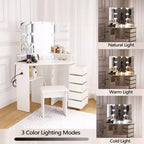 GustoWave Makeup Vanity Desk with Lights & Power Outlet, Corner Vanity Table with 5 Rotating Drawers,3 Color Lighting, Dressing Table