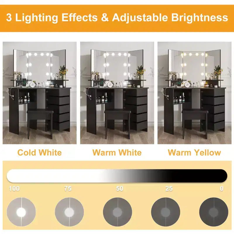 GustoWave Makeup Vanity Desk with Lights & Power Outlet, Corner Vanity Table with 5 Rotating Drawers,3 Color Lighting, Dressing Table